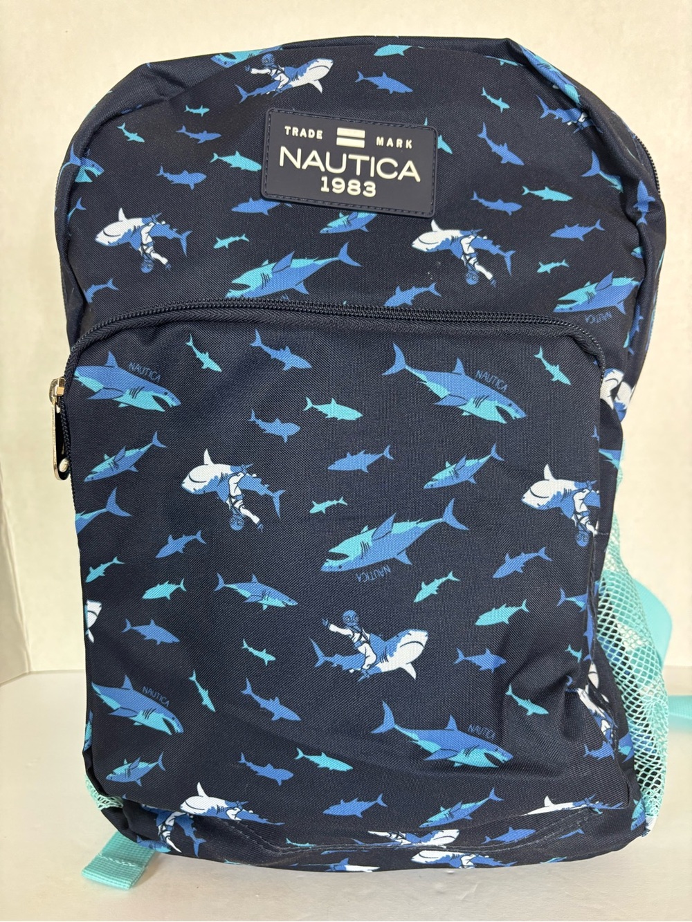 Nautica Navy Backpack with Blue & Aqua Shark Print